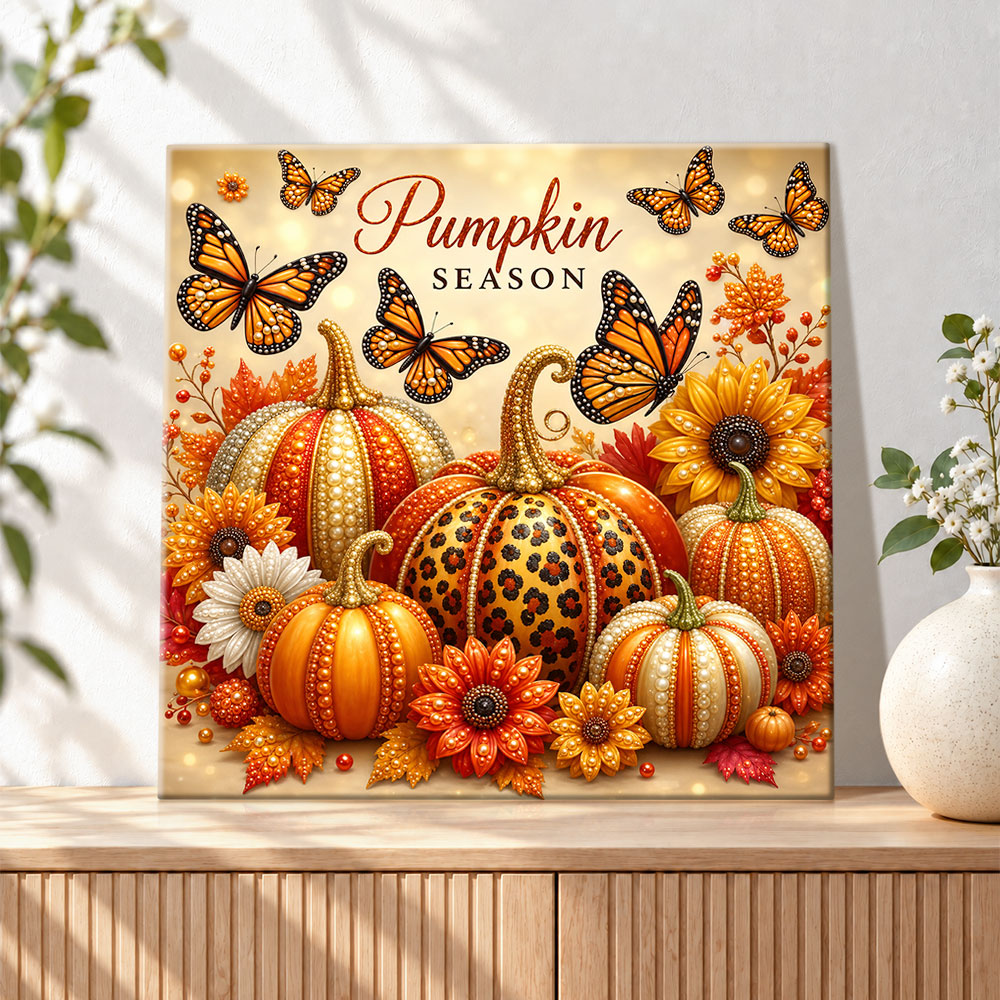 Finished autumn pumpkins with monarch butterflies pearl diamond painting artwork displayed as holiday home decor