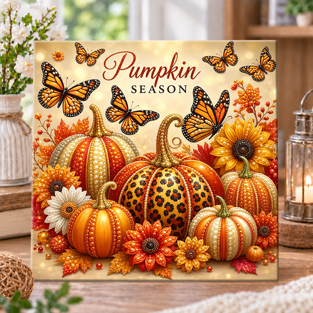 Autumn pumpkins with monarch butterflies pearl diamond painting kit for beginners