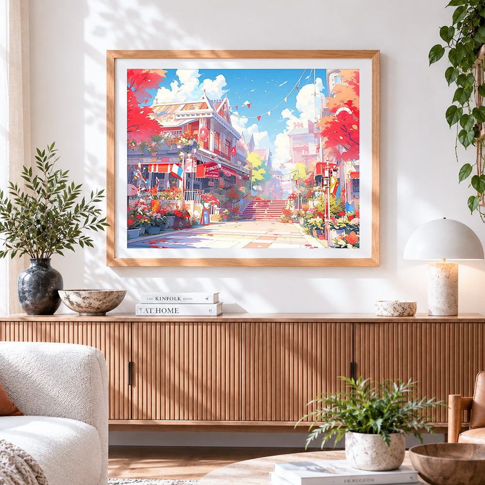 Finished autumn red maple street cross stitch artwork displayed