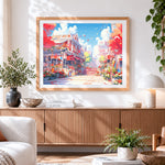 Finished autumn red maple street cross stitch artwork displayed