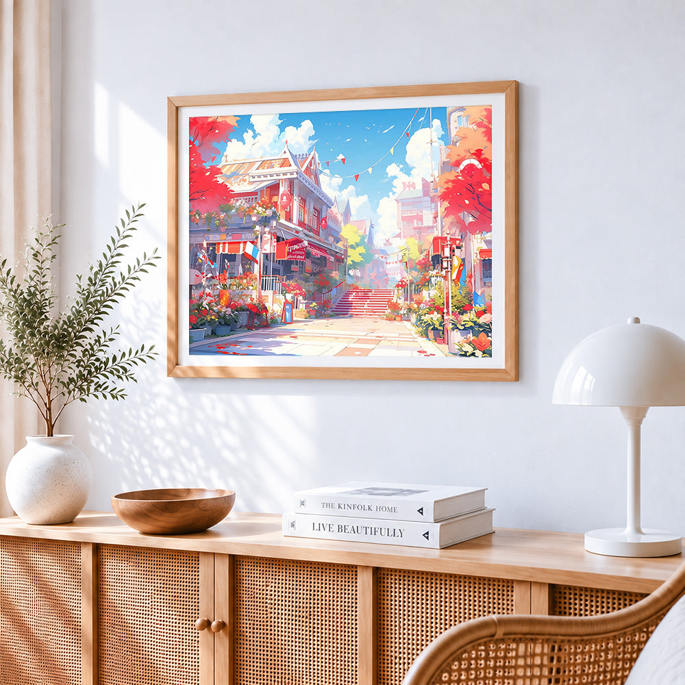 Autumn red maple street cross stitch artwork displayed on wall as home decor