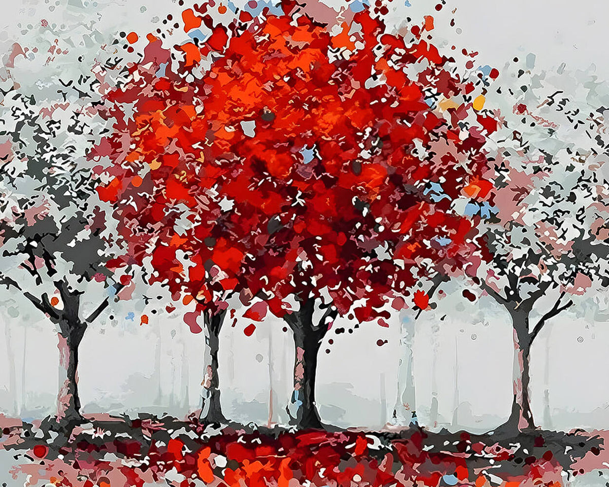 Autumn red trees cross stitch kit for beginners