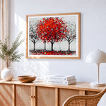 Autumn red trees cross stitch artwork displayed on wall as home decor