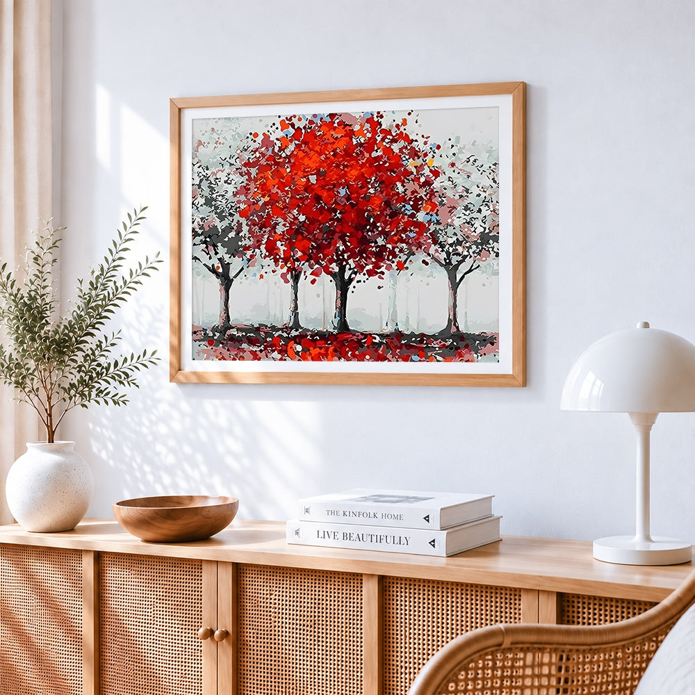 Autumn red trees paint by numbers artwork displayed on wall as home decor