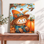 Finished autumn scarecrow pearl diamond painting artwork displayed as home decor