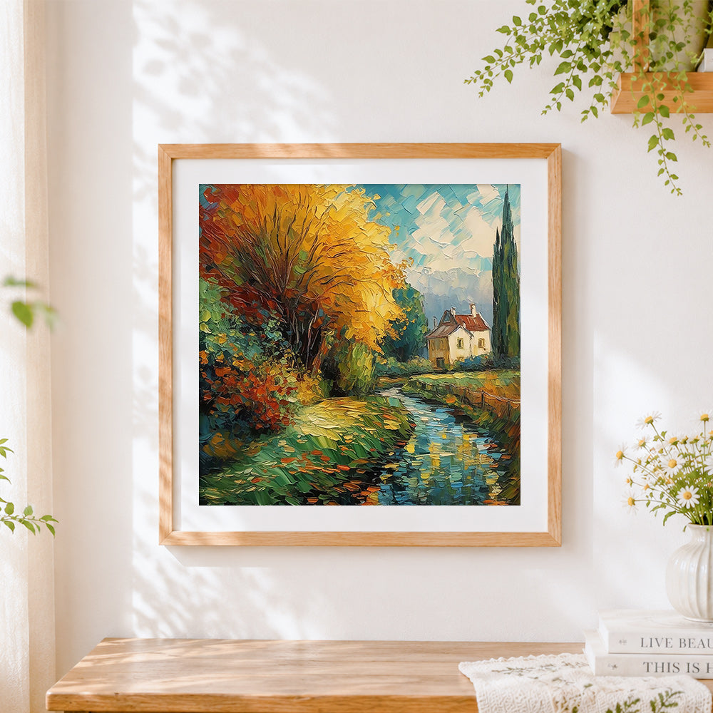 Finished autumn stream and white cottage cross stitch artwork displayed