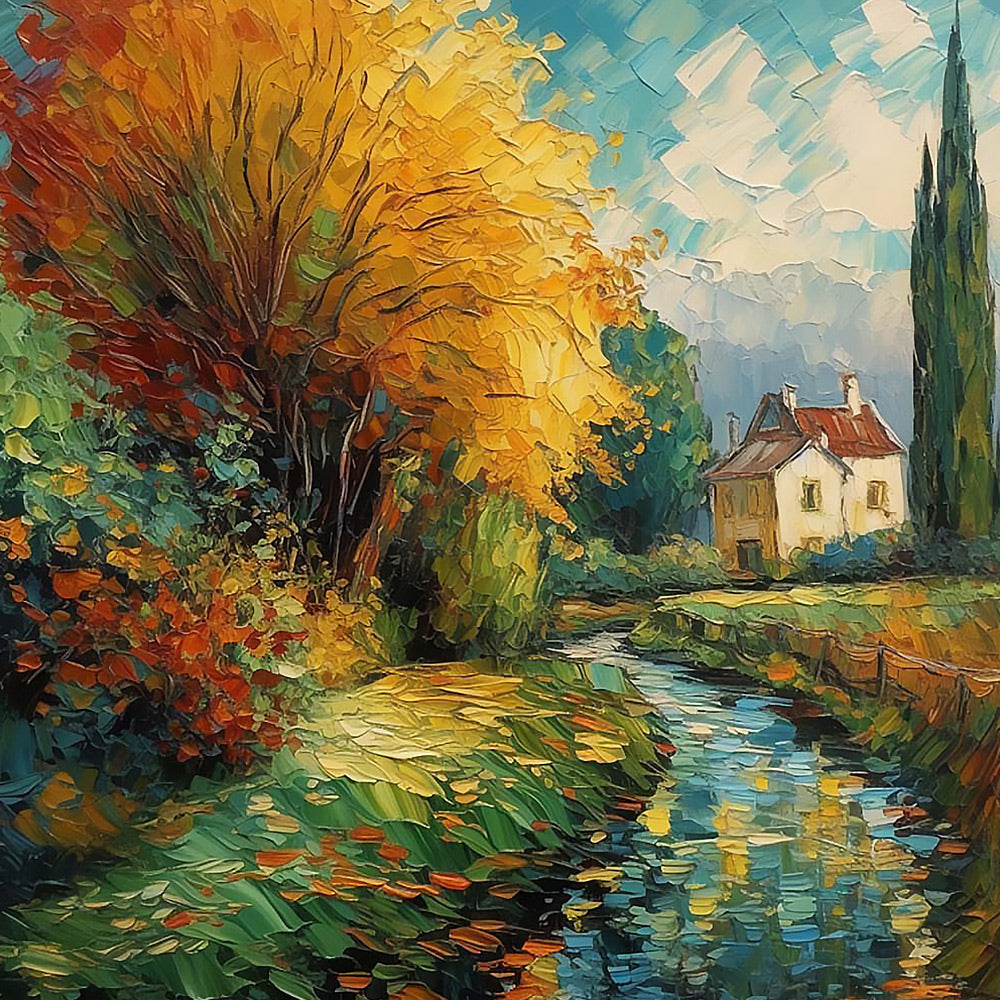 Autumn stream and white cottage cross stitch kit for beginners