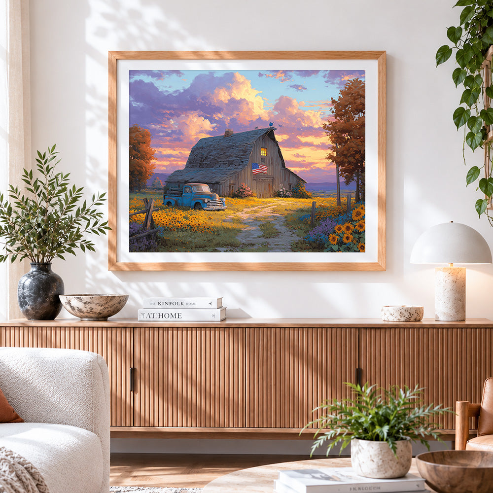 Finished autumn sunflower farm and blue truck cross stitch artwork displayed