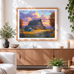 Finished autumn sunflower farm and blue truck paint by numbers artwork displayed as home decor