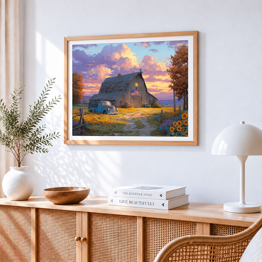 Autumn sunflower farm and blue truck paint by numbers artwork displayed on wall as home decor