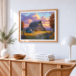 Autumn sunflower farm and blue truck paint by numbers artwork displayed on wall as home decor