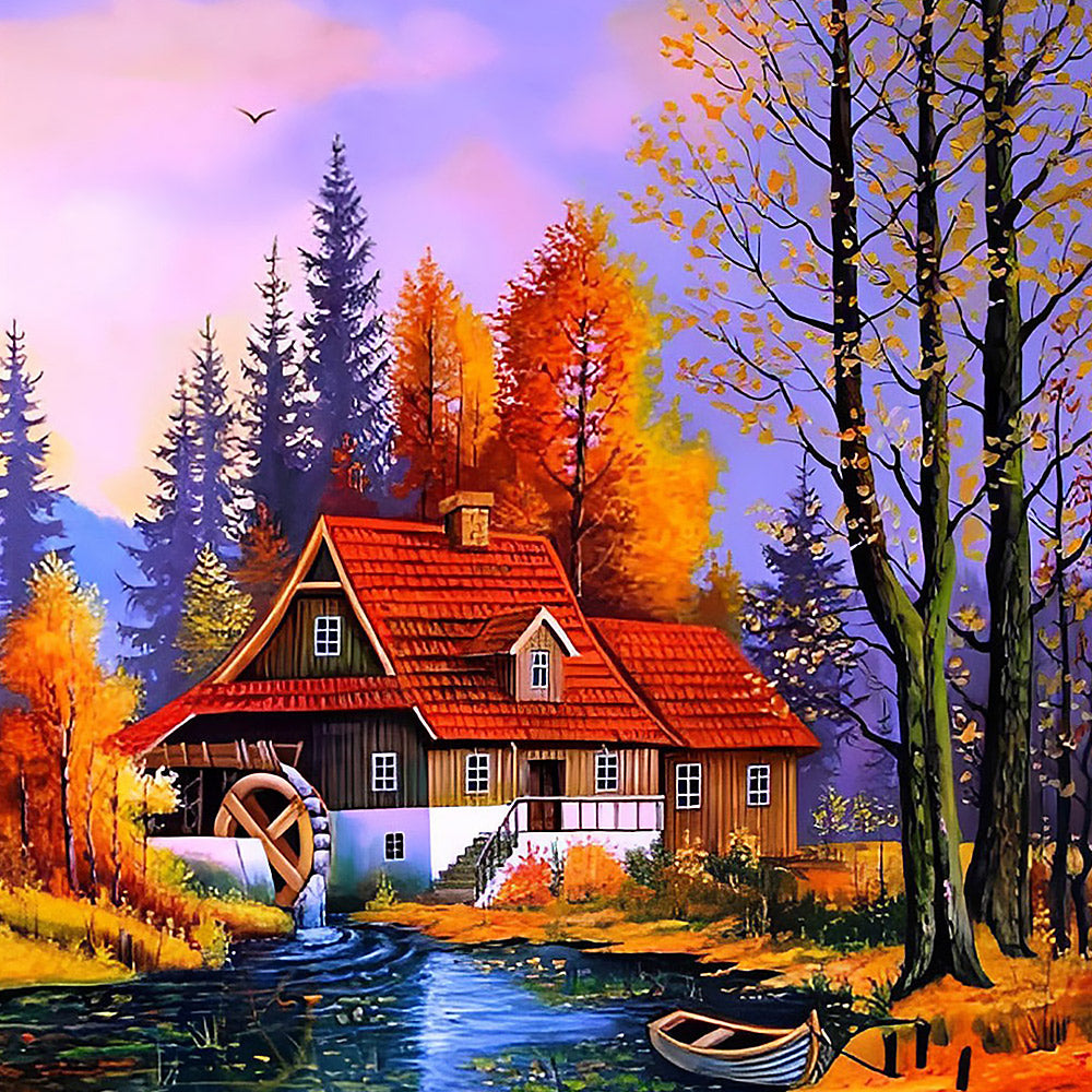 Autumn watermill cottage cross stitch kit for beginners