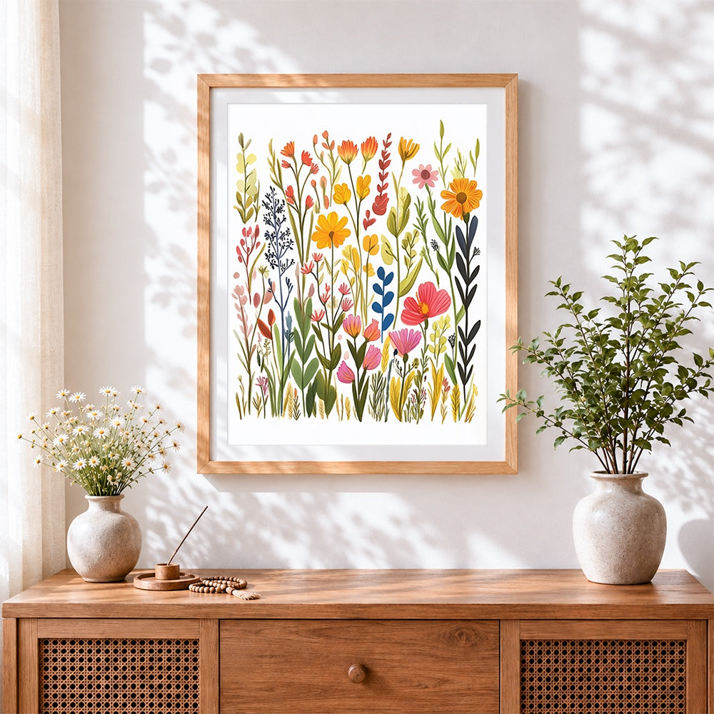 Finished autumn wildflower meadow cross stitch artwork displayed