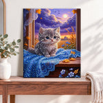 Finished autumn window kitten pearl diamond painting artwork displayed as home decor