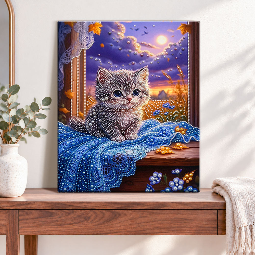 Finished autumn window kitten pearl diamond painting artwork displayed as home decor