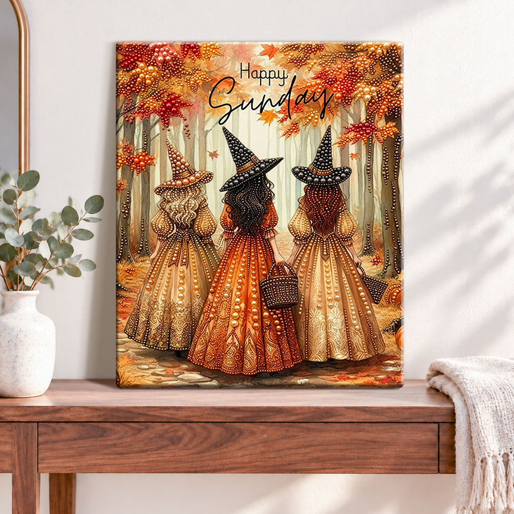 Finished autumn witch gathering pearl diamond painting artwork displayed as home decor