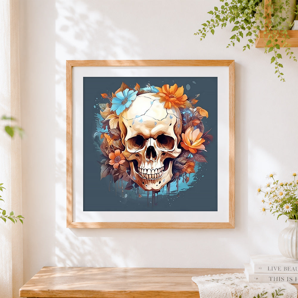 Finished autumnal floral skull cross stitch artwork displayed