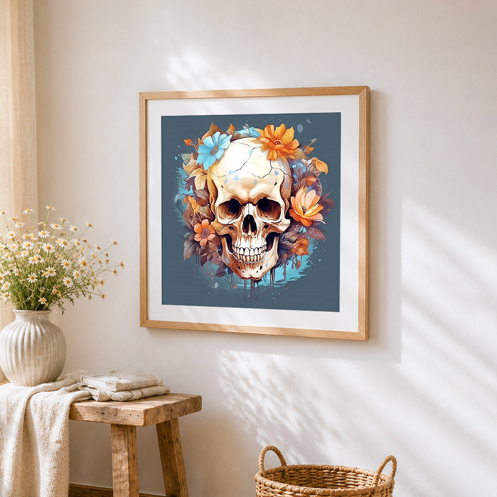 Autumnal floral skull cross stitch artwork displayed on wall as home decor