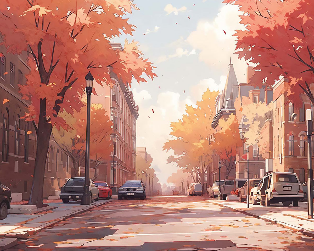 Autumnal street and cars cross stitch kit for beginners