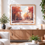 Finished autumnal street and cars paint by numbers artwork displayed as home decor