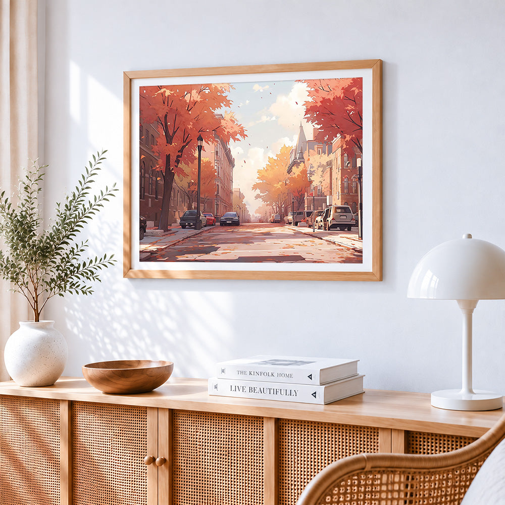 Autumnal street and cars paint by numbers artwork displayed on wall as home decor