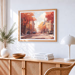 Autumnal street and cars paint by numbers artwork displayed on wall as home decor
