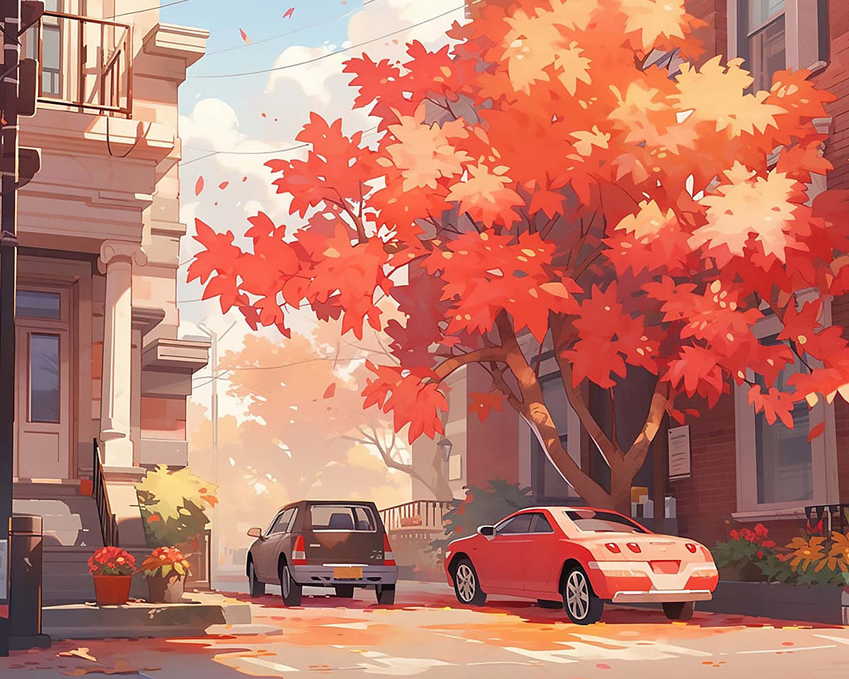 Autumnal street with red maple cross stitch kit for beginners