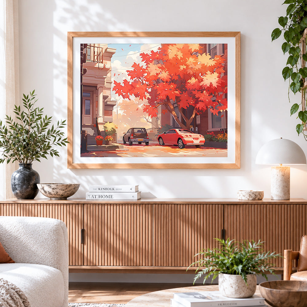 Finished autumnal street with red maple paint by numbers artwork displayed as home decor