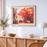 Autumnal street with red maple paint by numbers artwork displayed on wall as home decor