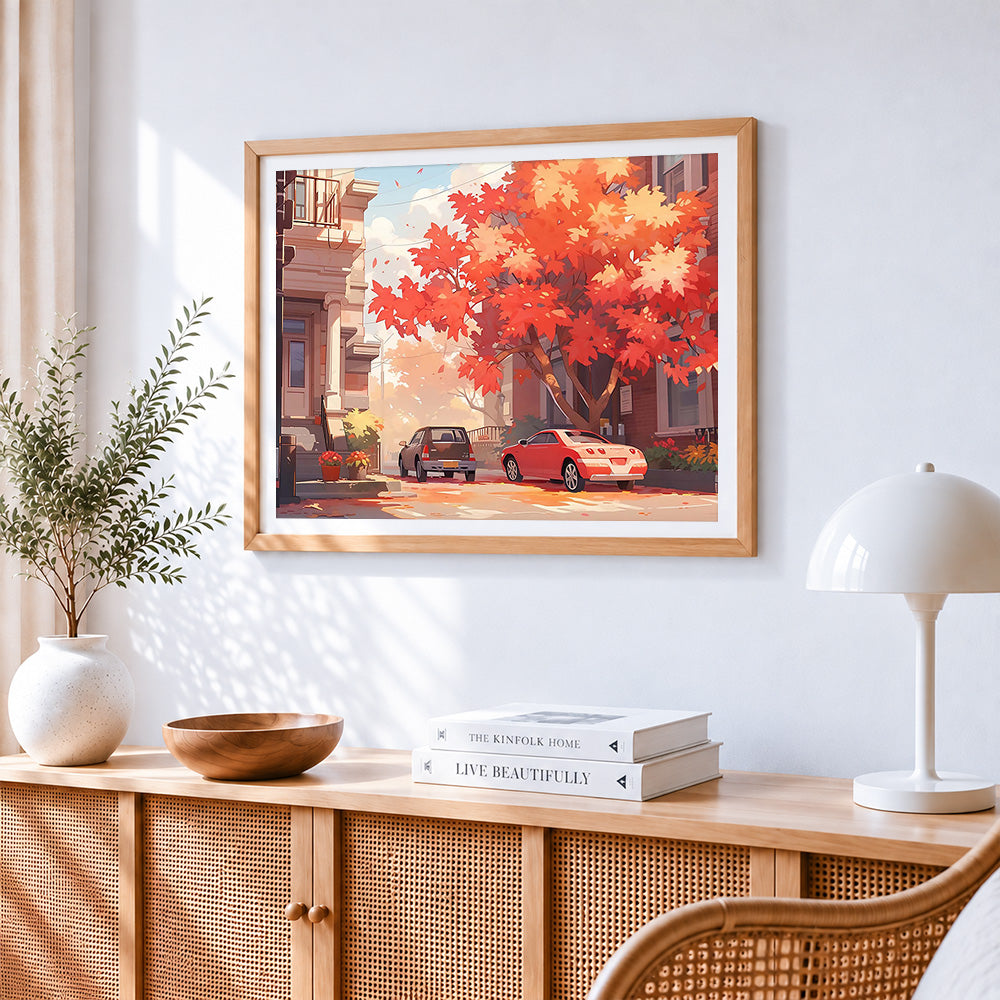 Autumnal street with red maple paint by numbers artwork displayed on wall as home decor