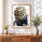 Finished aviator cat cross stitch artwork displayed