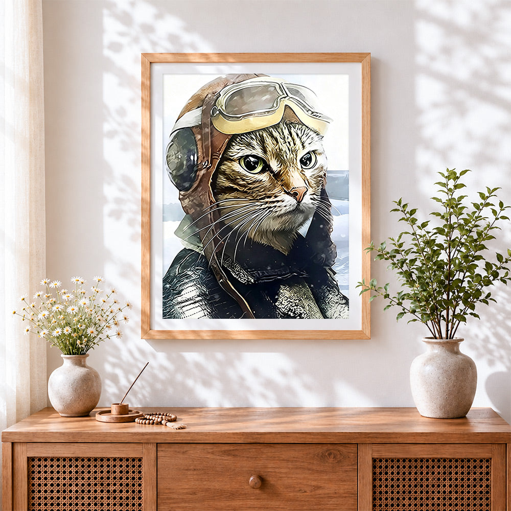 Finished aviator cat cross stitch artwork displayed