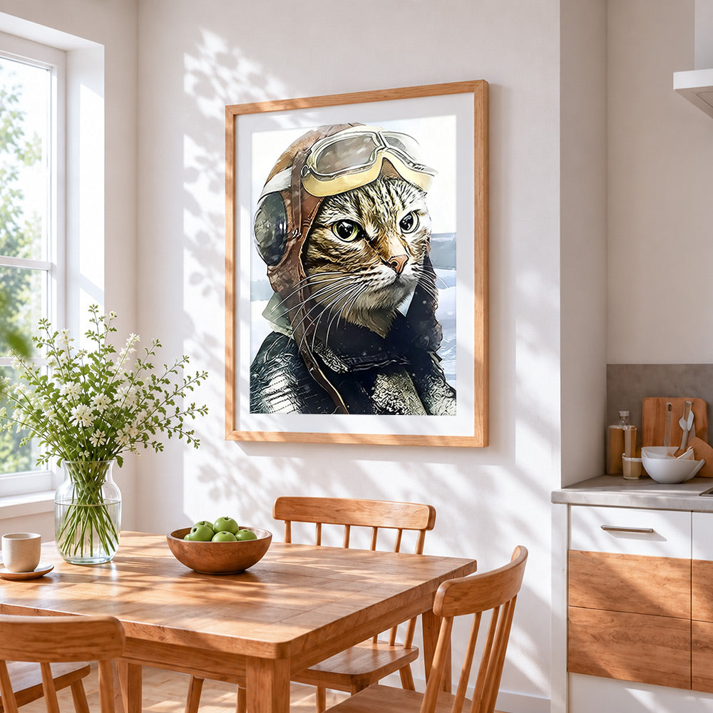 Aviator cat cross stitch artwork displayed on wall as home decor