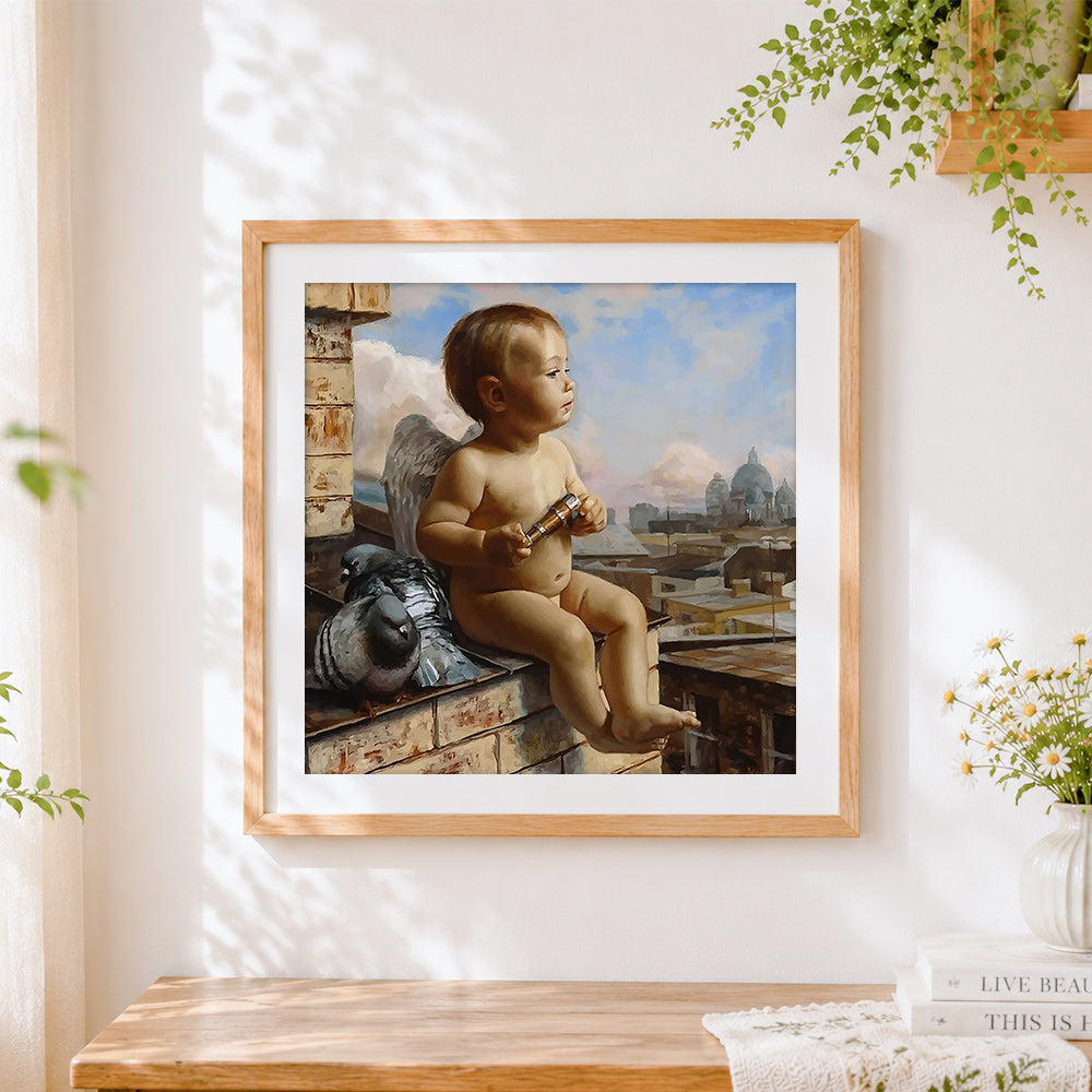 Finished baby angel and pigeons cross stitch artwork displayed