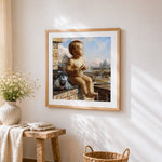 Baby angel and pigeons cross stitch artwork displayed on wall as home decor