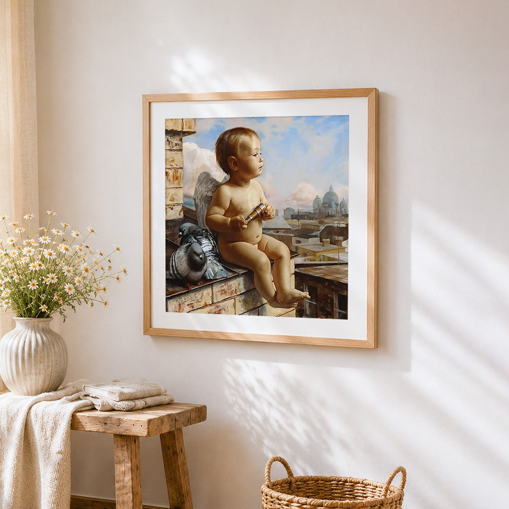Baby angel and pigeons cross stitch artwork displayed on wall as home decor