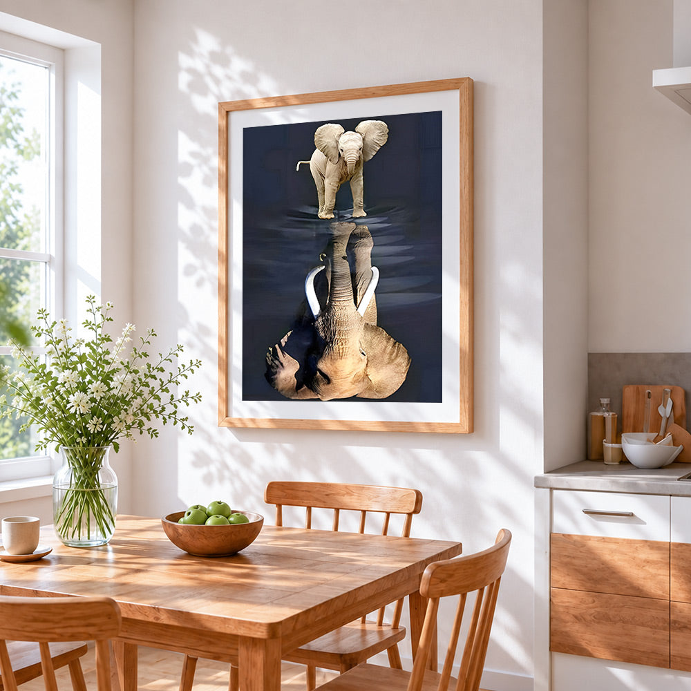 Baby elephant and reflection paint by numbers artwork displayed on wall as home decor