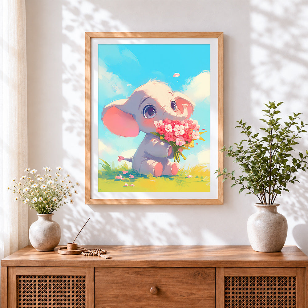 Finished baby elephant with bouquet cross stitch artwork displayed