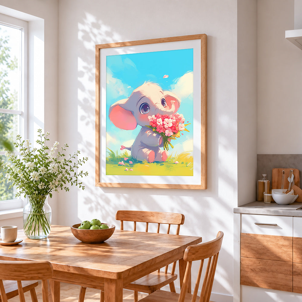 Baby elephant with bouquet cross stitch artwork displayed on wall as home decor