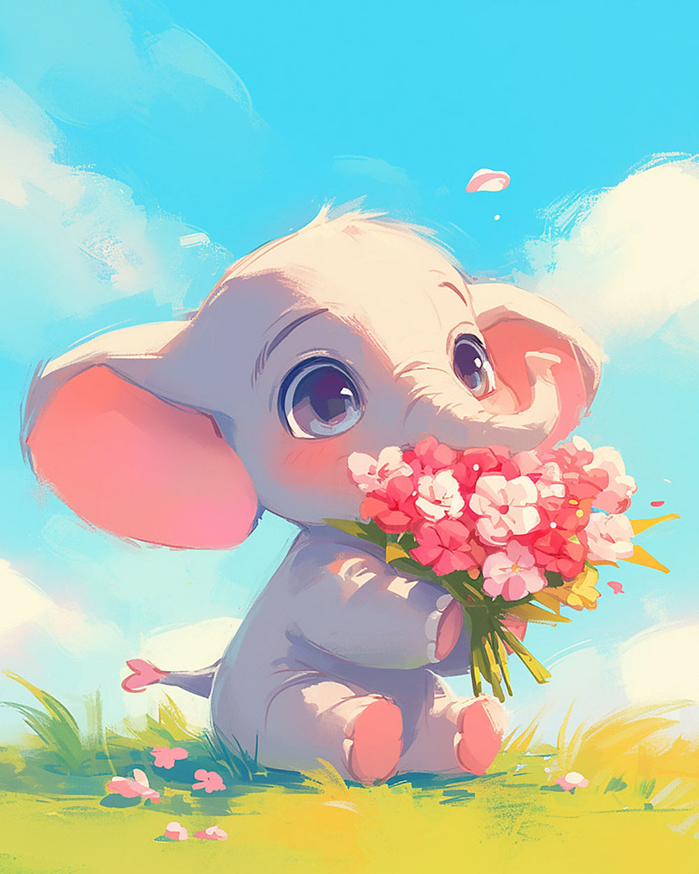 Baby elephant with bouquet paint by numbers kit for beginners