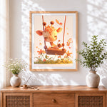 Finished baby giraffe on a swing cross stitch artwork displayed