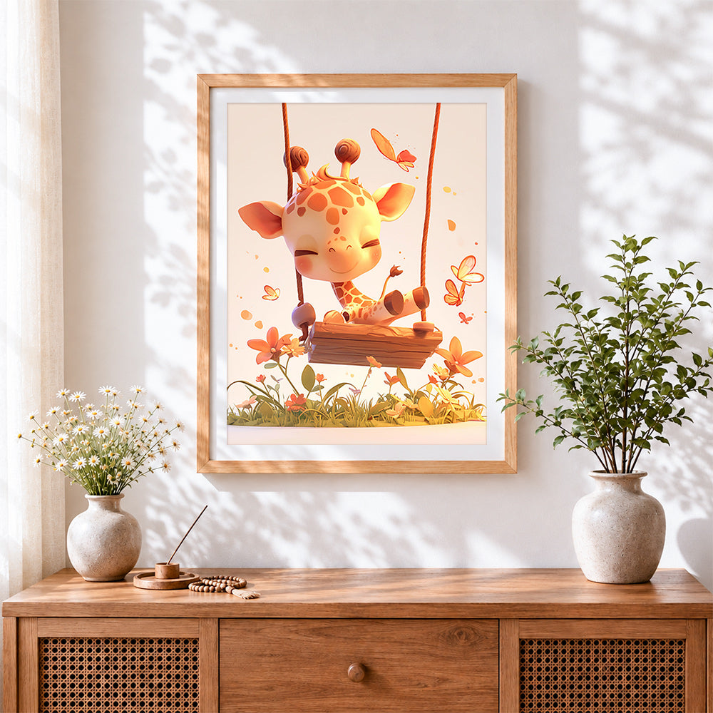 Finished baby giraffe on a swing cross stitch artwork displayed