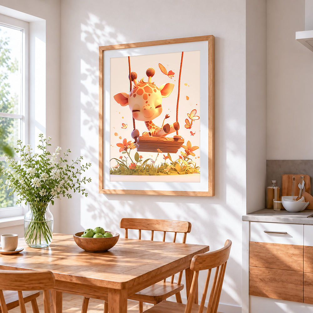 Baby giraffe on a swing cross stitch artwork displayed on wall as home decor
