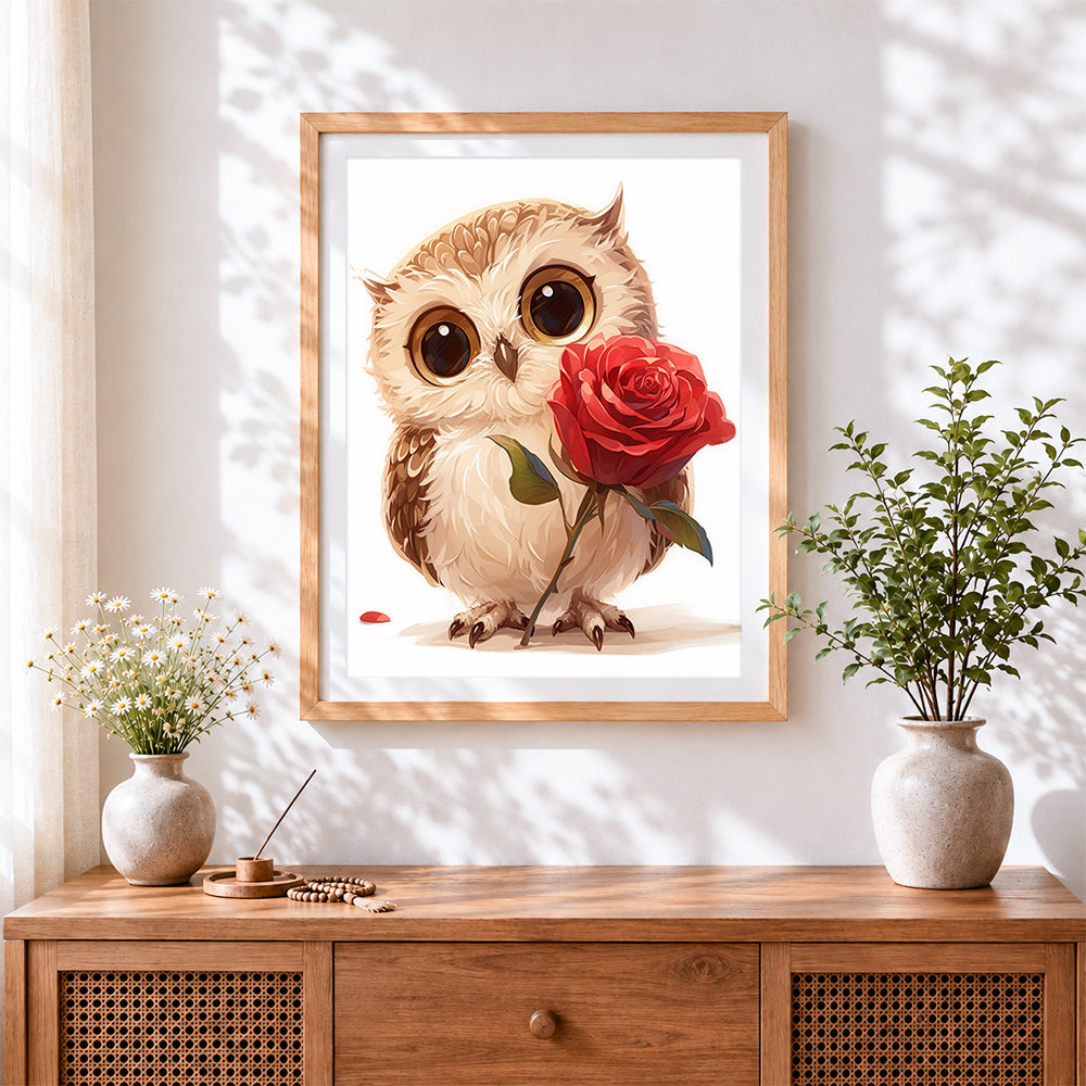 Finished baby owl with red rose cross stitch artwork displayed