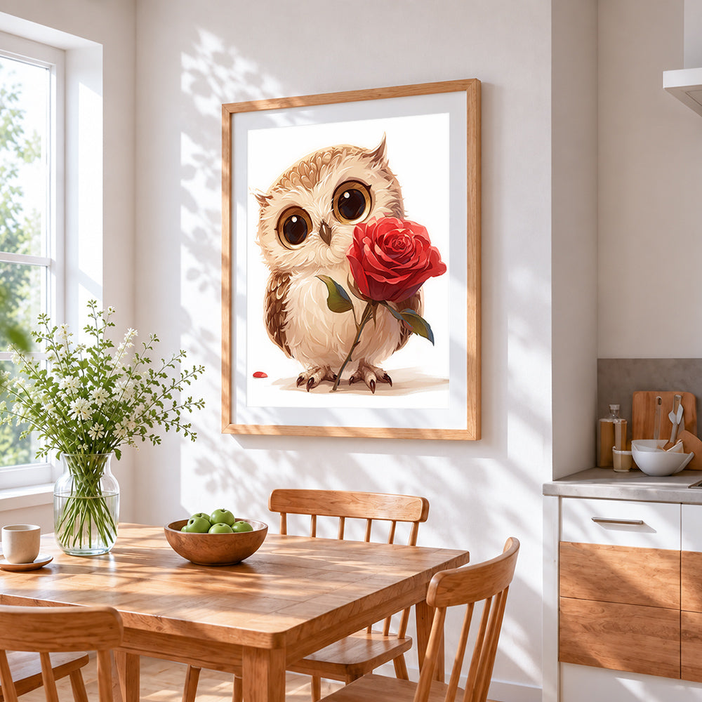 Baby owl with red rose cross stitch artwork displayed on wall as home decor