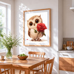 Baby owl with red rose cross stitch artwork displayed on wall as home decor