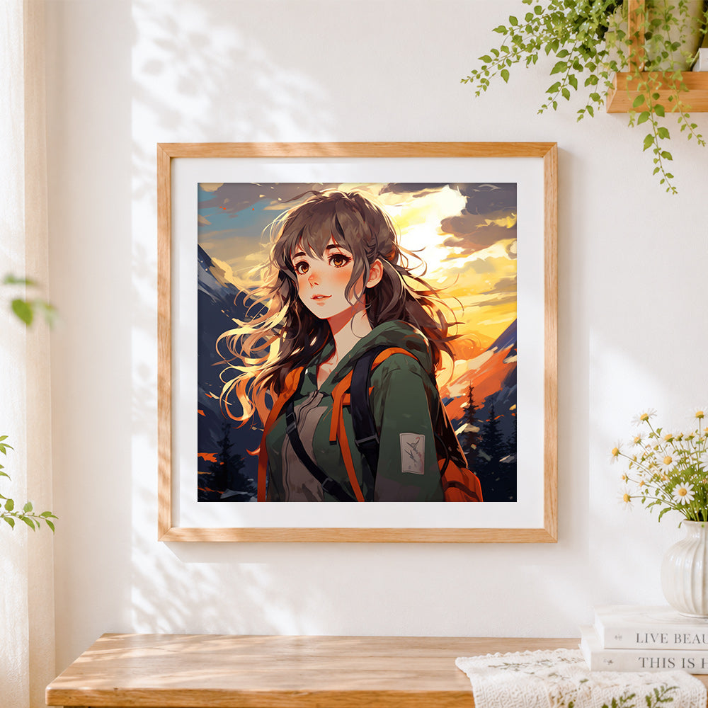 Finished backpacking girl in the mountain sunset cross stitch artwork displayed