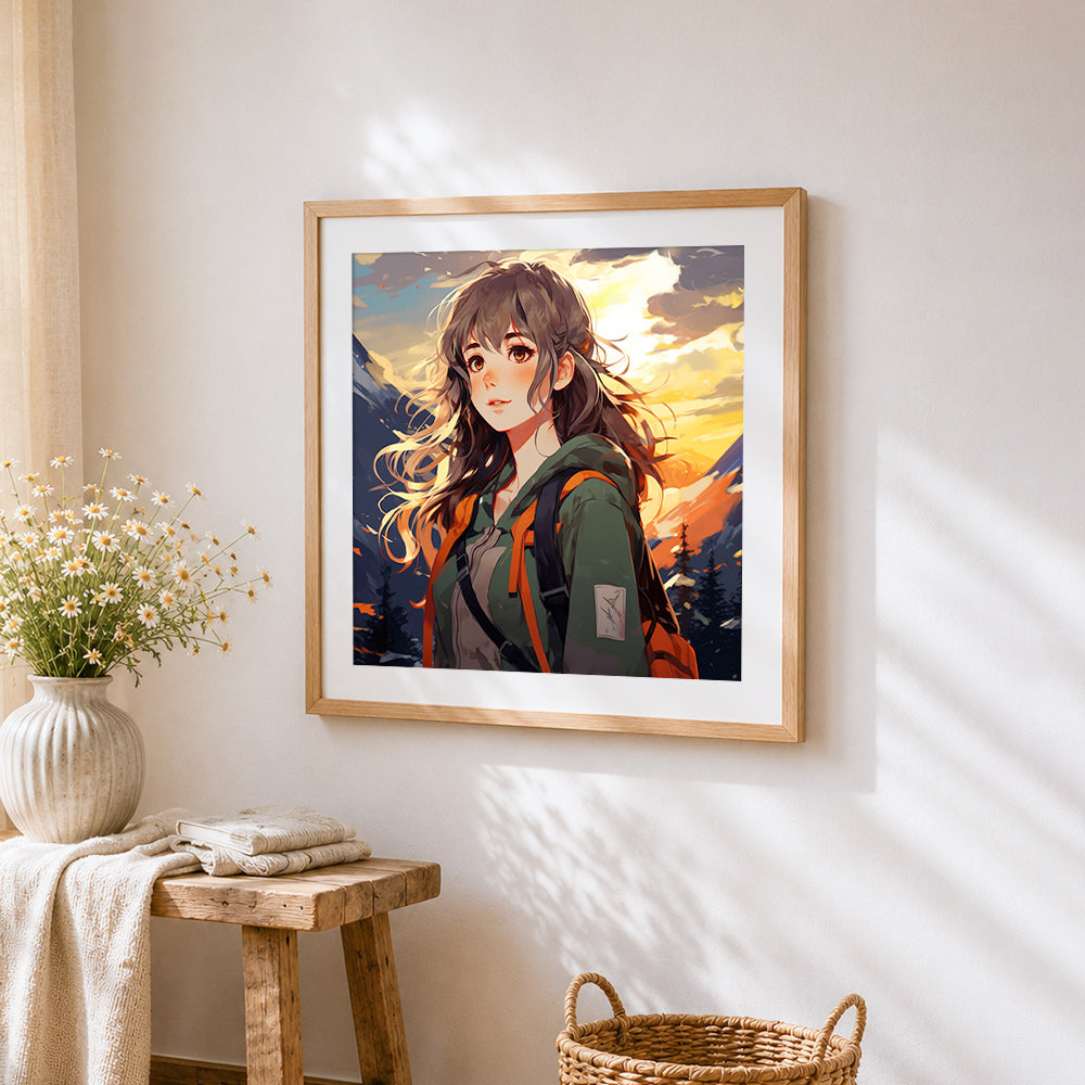 Backpacking girl in the mountain sunset cross stitch artwork displayed on wall as home decor