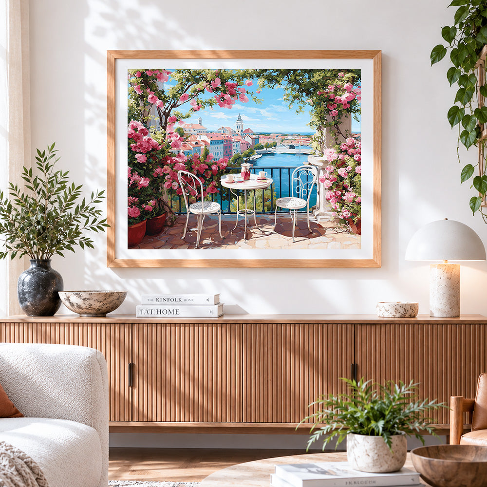 Finished balcony roses and harbour town paint by numbers artwork displayed as home decor