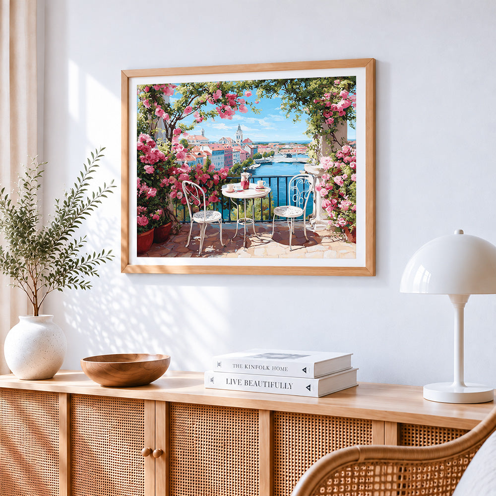 Balcony roses and harbour town paint by numbers artwork displayed on wall as home decor